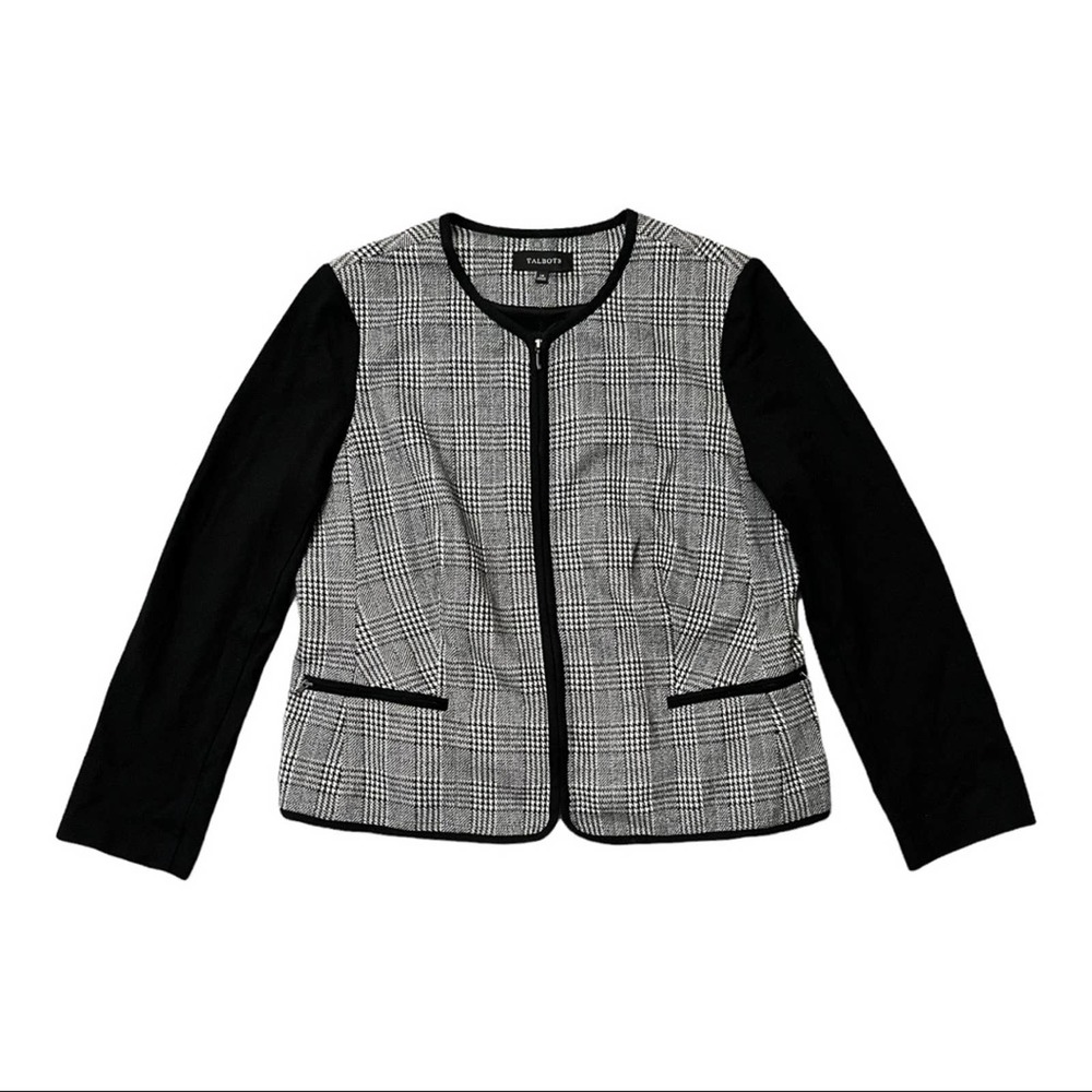 Talbots Houndstooth Ponte Zip Front Blazer Jacket 14 Black White Plaid Pockets